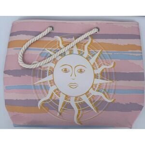 Sun Graphic Tote Bag Womens Large Pink Striped Canvas Rope Handle Beach Bag Boho